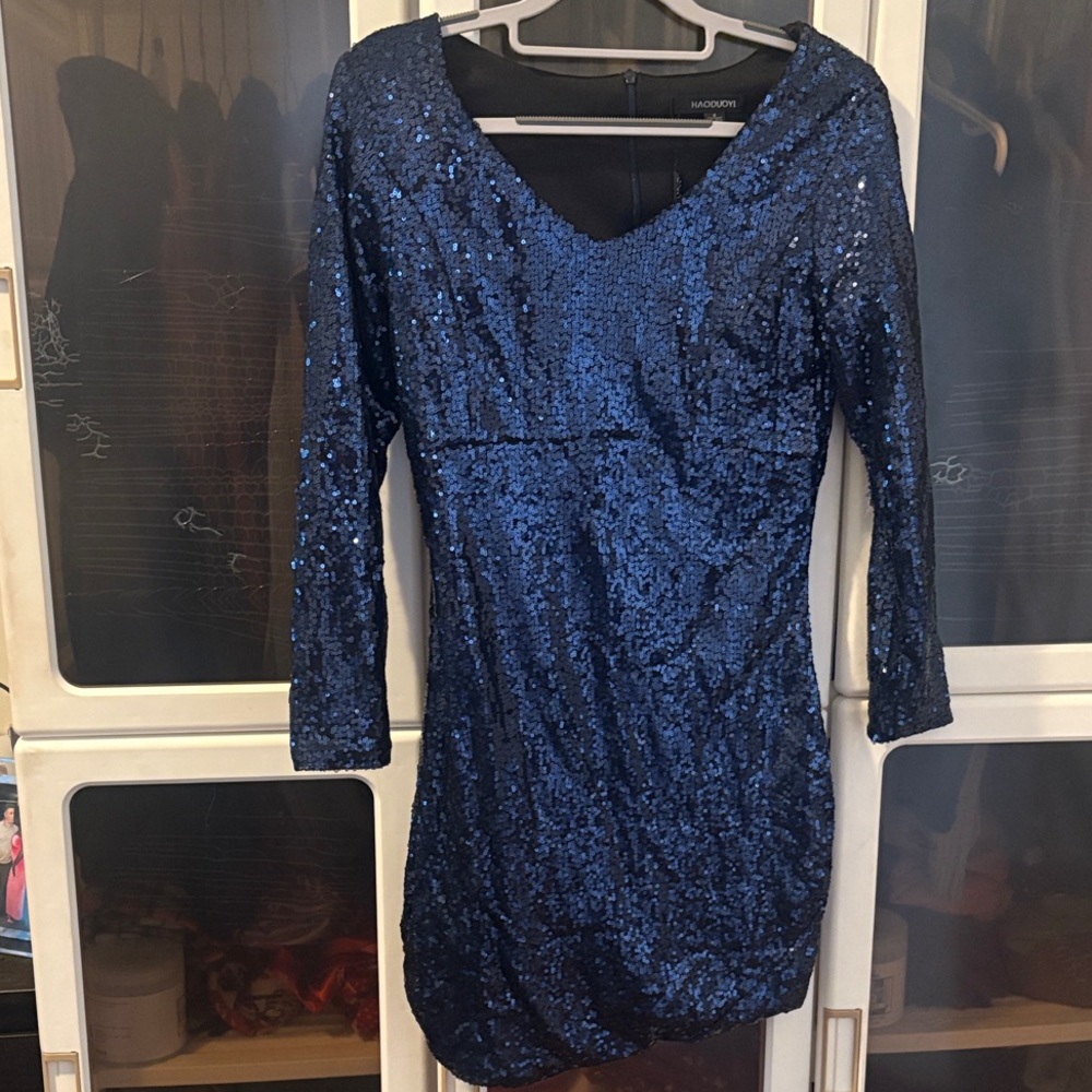 Xscape Midnight Blue Sequin Long Sleeve Dress